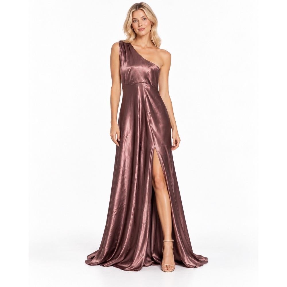 Birdy Grey Maxi Dress Women S Mauve Pink Excellent One Shoulder Satin Slit Gown
